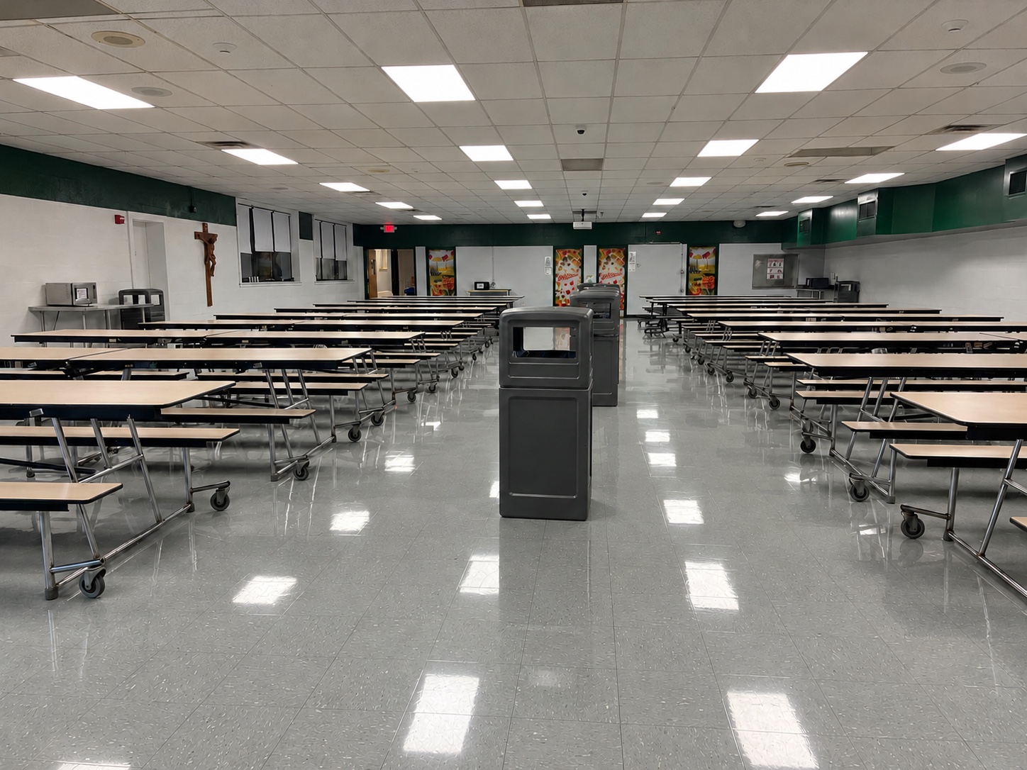 School cafeteria with dining tables and reflective tile flooring